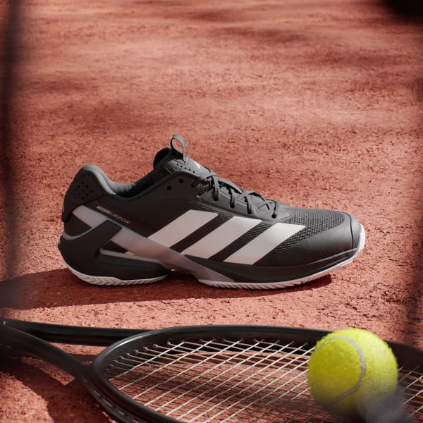 Adidas Adizero Ubersonic 5 black tennis shoes on court