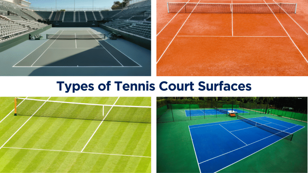 Different types of tennis court surfaces: clay, grass, hard